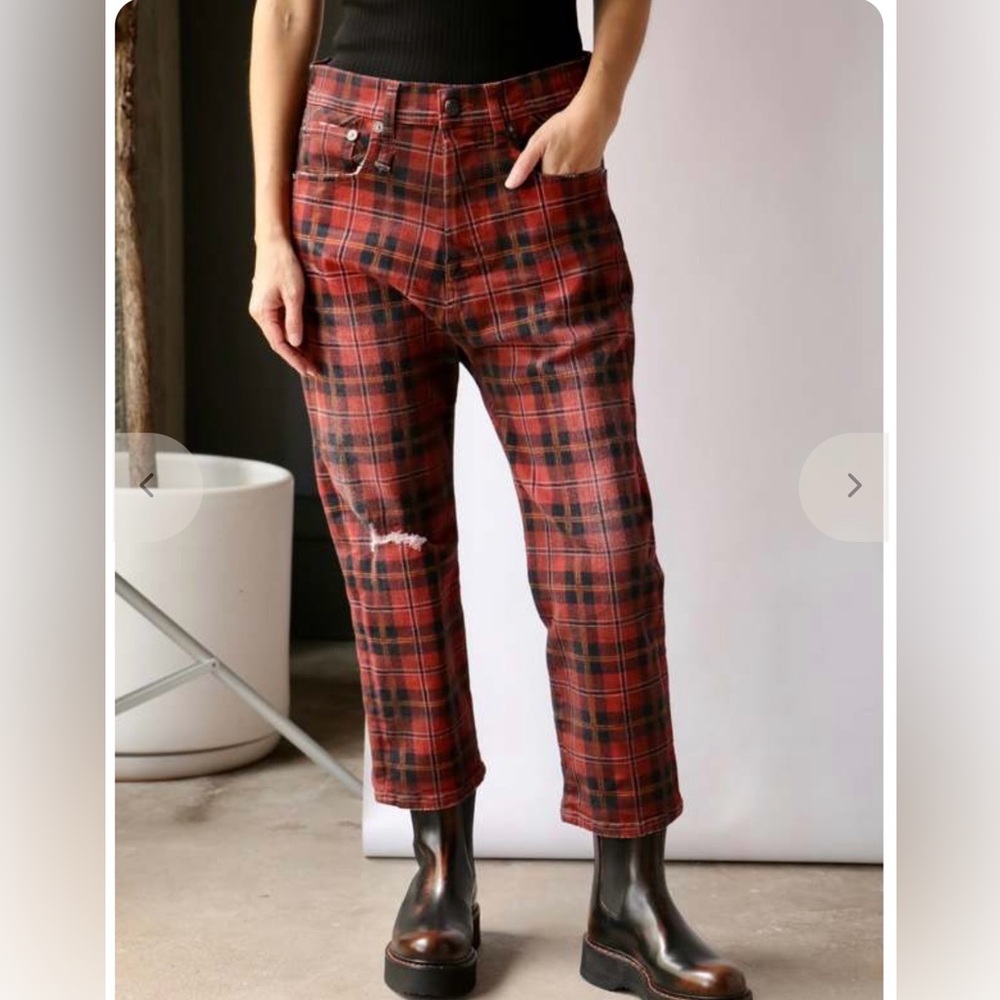 R13 Red and Black Plaid Button-Fly Jeans
